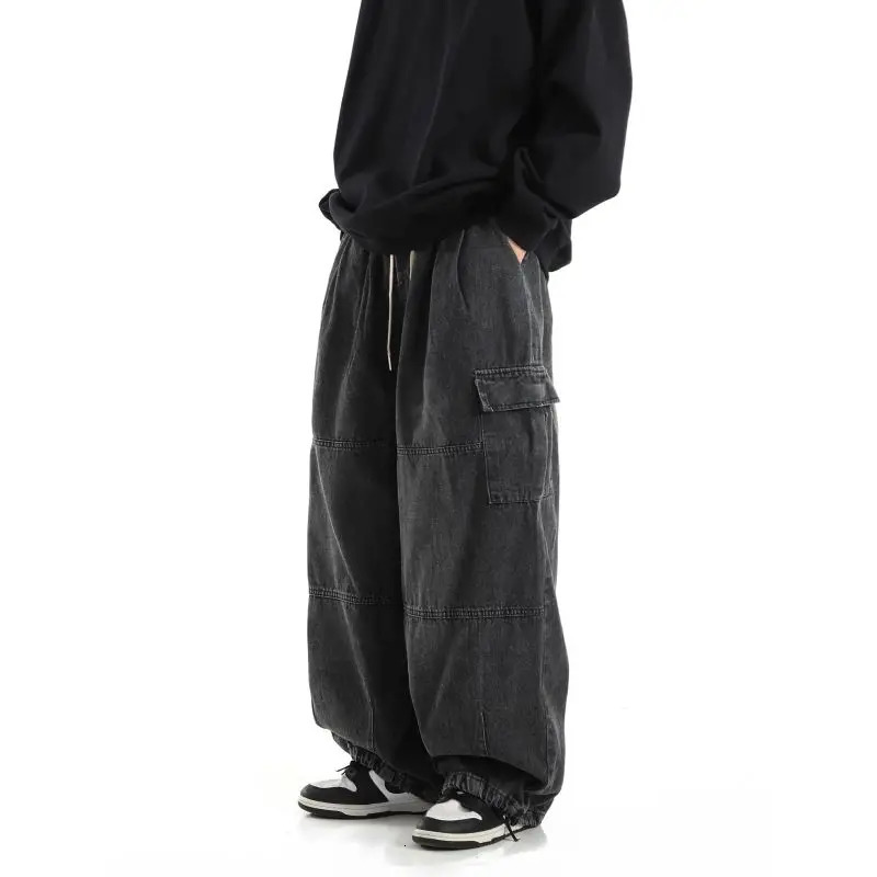 Y2k Black Baggy Cargo Jeans Trousers Men Streetwear Casual Hippie Jogging Wide leg Oversize Long Male Denim Pants 240806