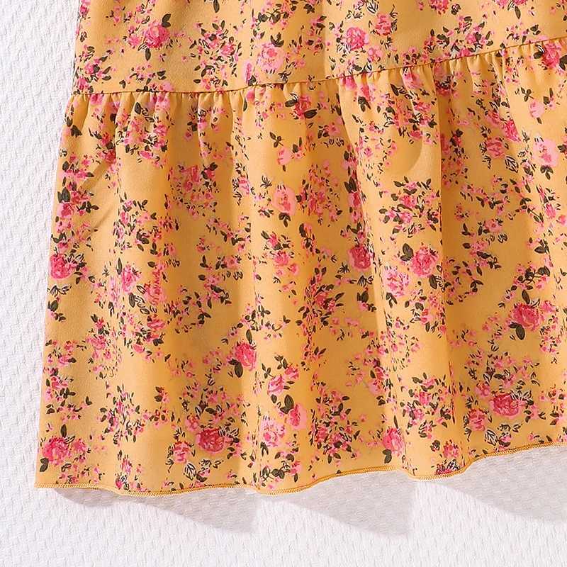 Summer dress 8-12 year old childrens girl fluffy sleeves yellow floral long dress elegant princess birthday party daily dressW240720