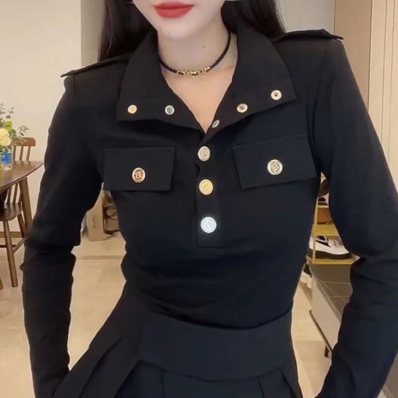 Trend Polo Neck T-shirt Top Spring and Autumn Solid Color Long Sleeve Button Patch Work Sexy Zipper Fashion Y2K Womens Wear 240827