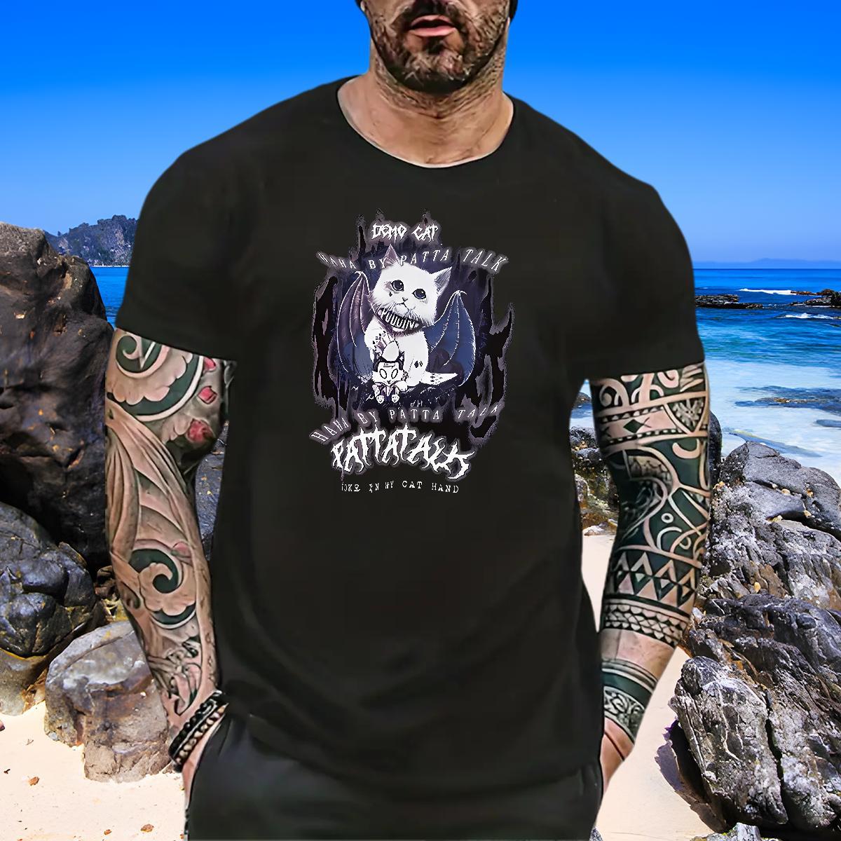 Loose Men Tees 230g Pure Cotton cat T shirt Street Casual Round Neck Short Sleeve Plus Size Cartoon DIY Wear