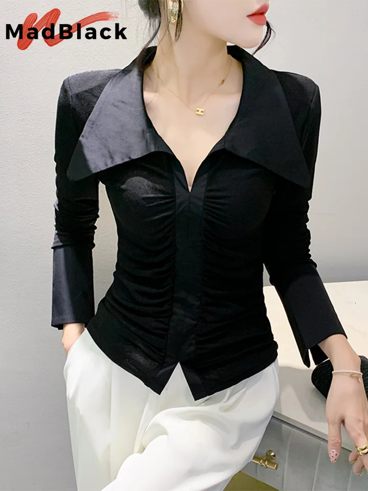 MadBlack European Clothes Tshirt Women Turn Down Collar Patchwork Slim Tops Long Flare Sleeve Tees Autumn Spring T30404JM 240806