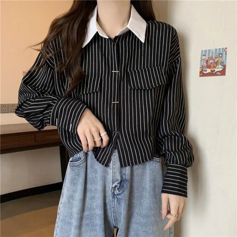 Contrast Striped Patchwork Short Blouse Spring Polo Neck Long Sleeve Loose Fashion Shirt Tops Office Casual Women Clothing 240806