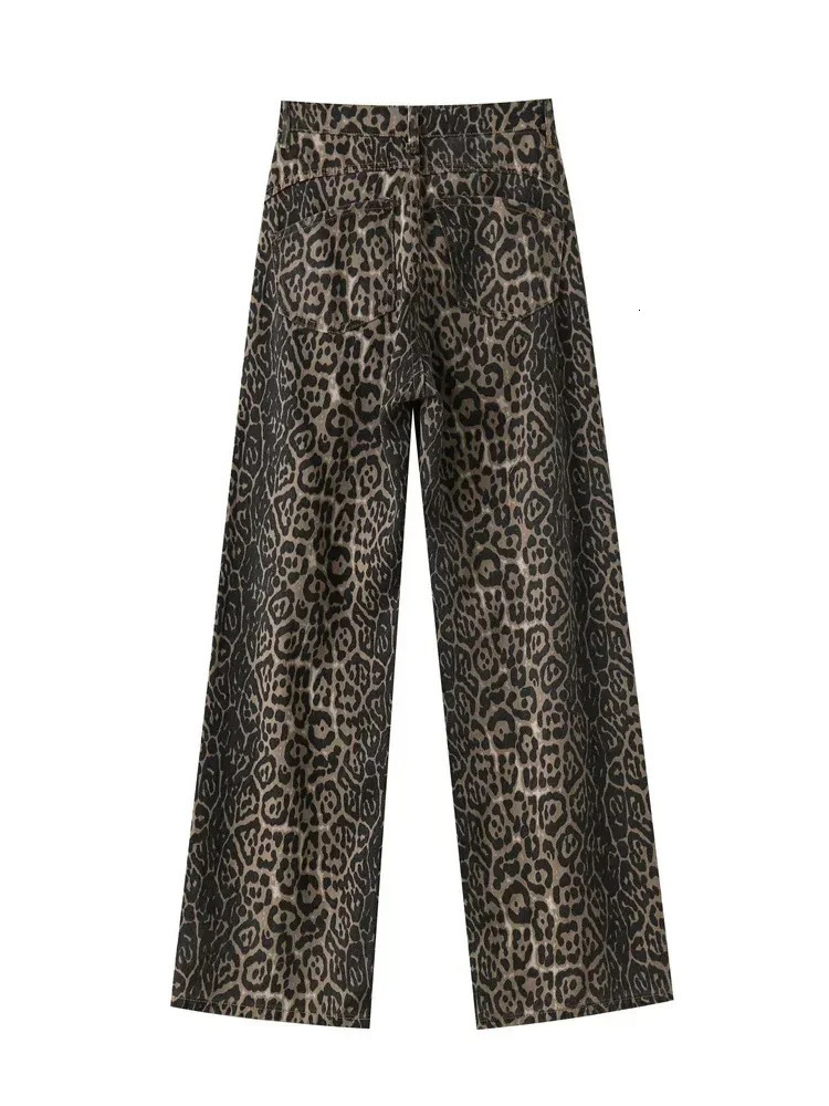Leopard Print Jeans for Women American Retro Y2k Fashion Straight Wide Leg High Waisted Denim Pants Oversized Hip Hop Jeans 240806