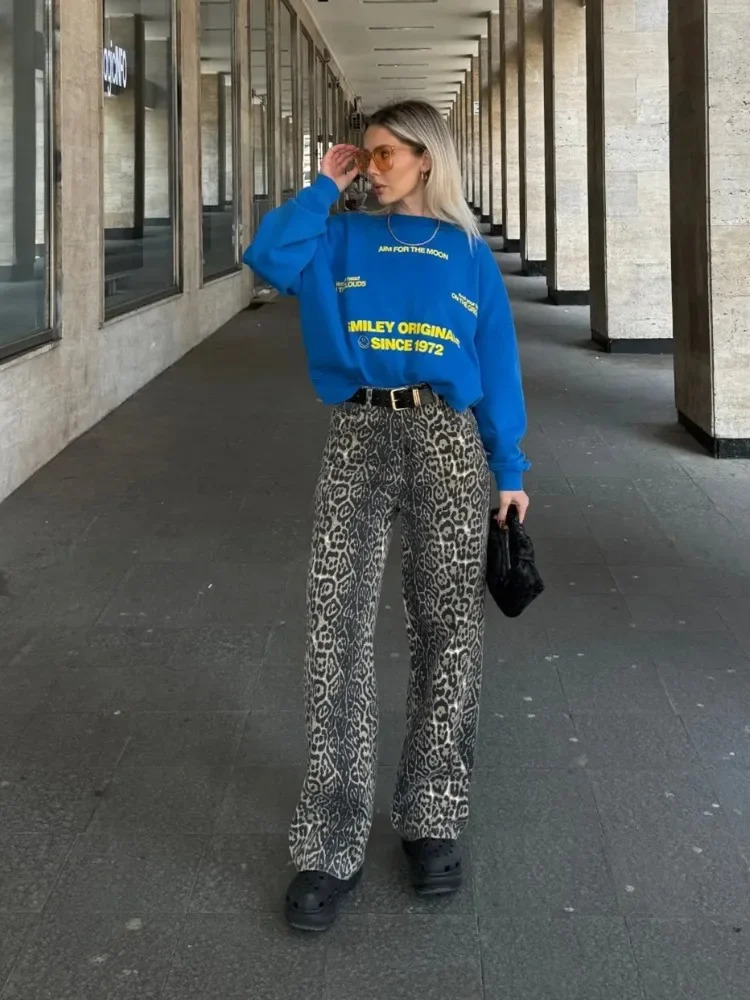 Leopard Print Jeans for Women American Retro Y2k Fashion Straight Wide Leg High Waisted Denim Pants Oversized Hip Hop Jeans 240806