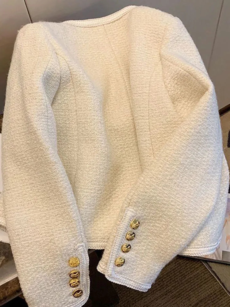 Women O-neck Tweed Cropped Woolen Jackets Korean Single Breasted Wool Blend Tops Coats Spring Fall Casual Short Chic Abrigos 240806