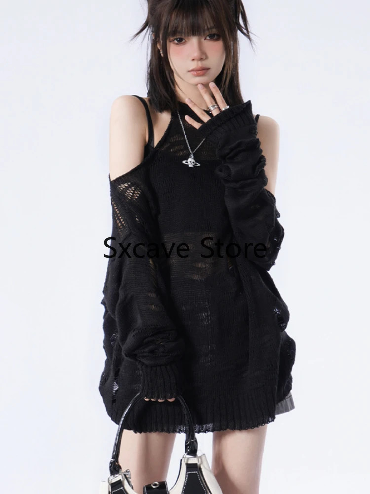 Black Loose Women Sweaters Y2k Clothing Aesthetic Hollow Out Thin Pullovers Summer Long Sleeve Fashion Kniited Tops Sexy 240806