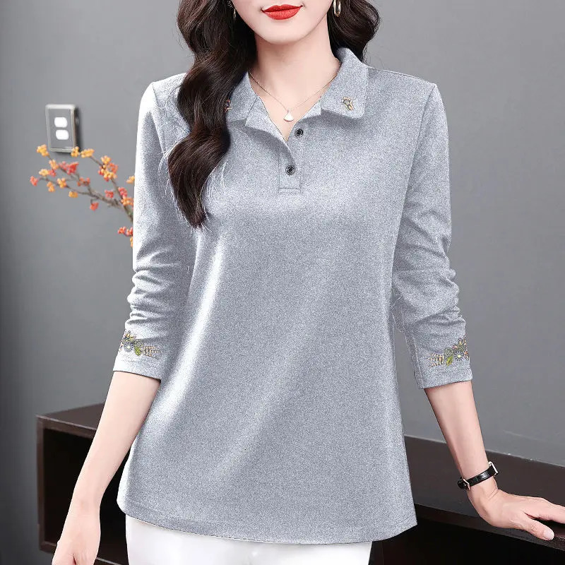 Womens Vintage Embroidery Polo Collar Elegant T-shirts Spring Autumn Korean Fashion Casual Long Sleeve Loose Tops Ropa De Mujer 240806