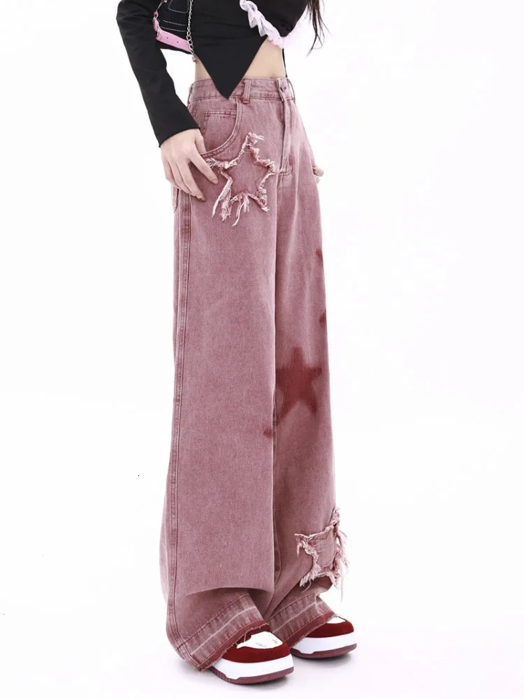 Spring Summer Women Pants Retro Jeans Five-point Star Raw Edge Splicing Loose Wide-leg Jeans Trendy All-match Mopping Pants 240806