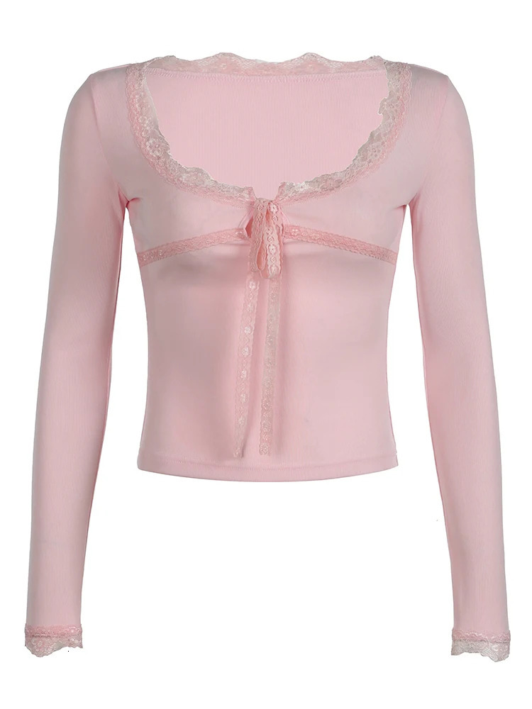 Pink Sweet Basic Slim Long Sleeve Tees Top T Shirts Women Cross Tie Lace Patchwork Cute Japanese Kawaii Y2K Clothes 240806