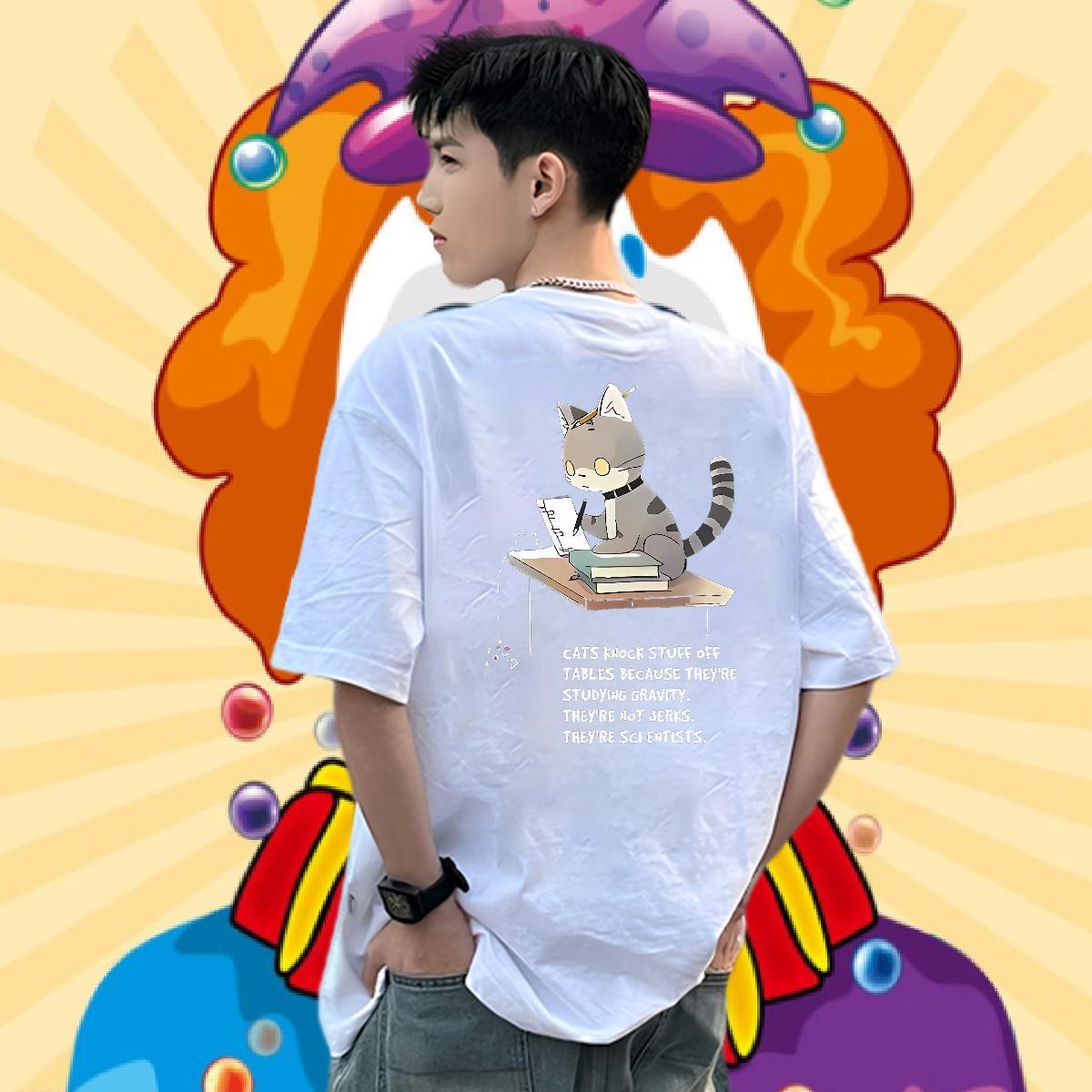 2024 Summer T Shirts Men 230g Cotton cat Hip Hop Top Tees Crew Neck Breathable TOP Quality Men Tops Tees Plus Size Cartoon