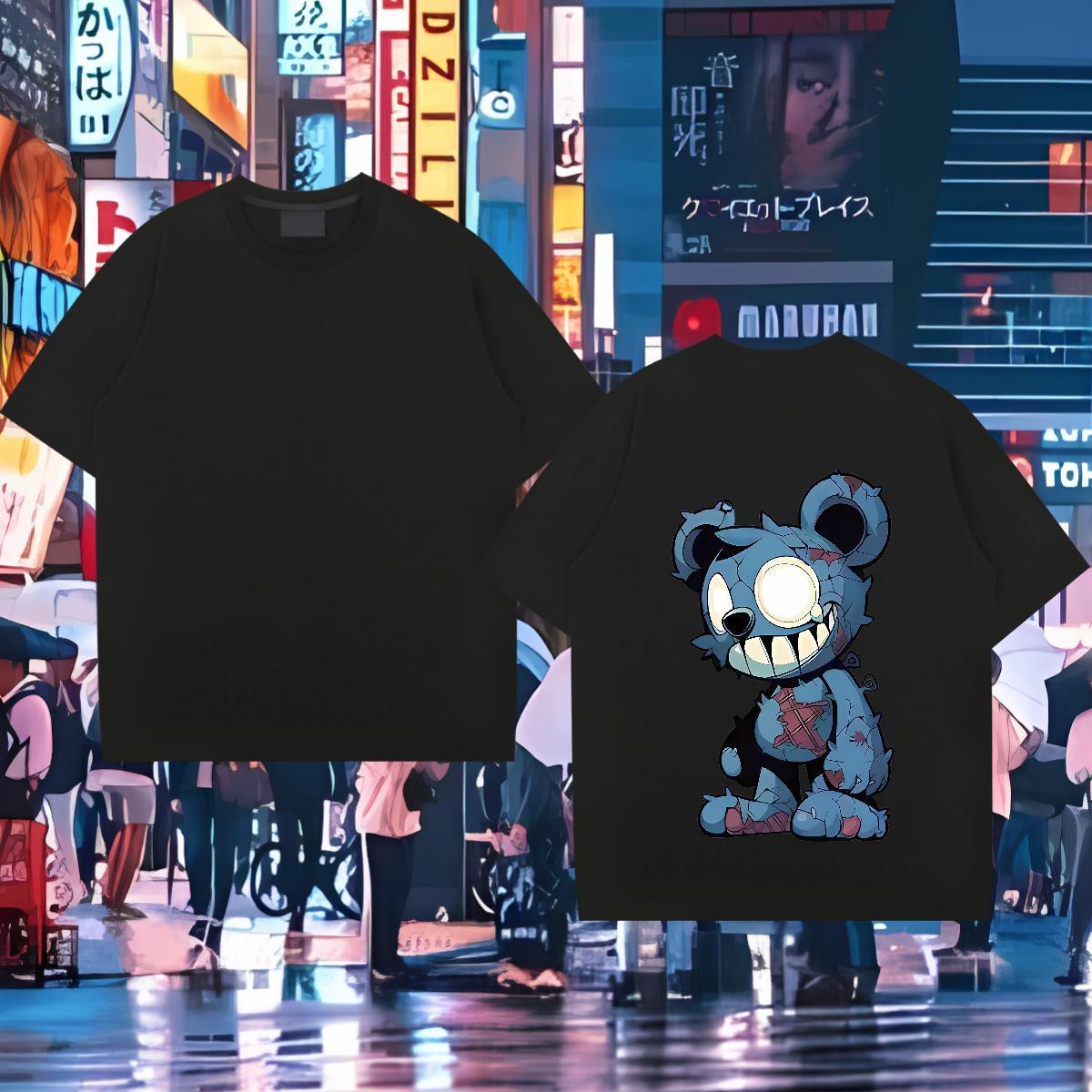 2024 New Mens T Shirts 230g 100% Cotton bear High Street Hip Hop Tees Pure Cotton Loose Men Clothes T-Shirt Floral Print
