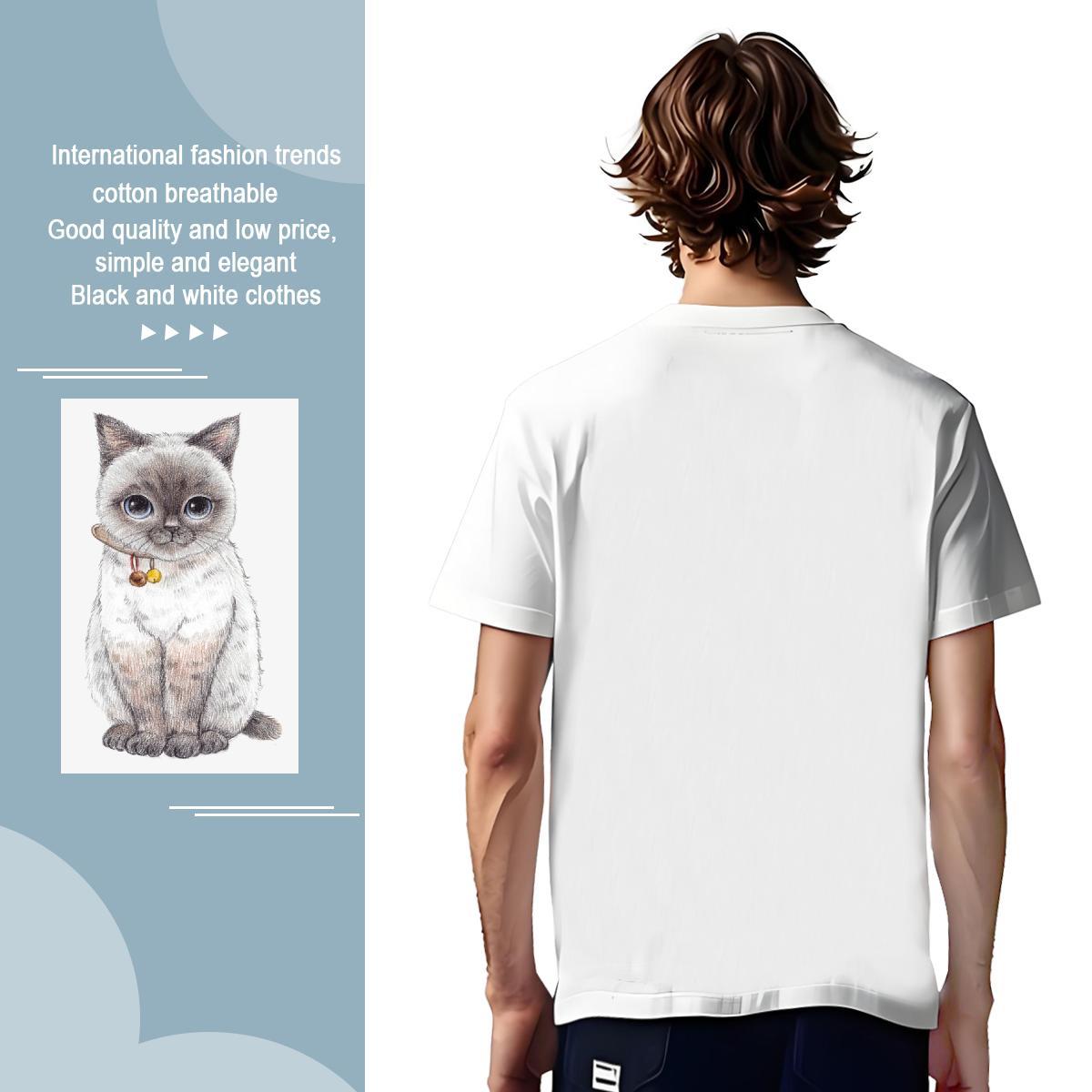 T-Shirts for Men 100% Cotton 230g cat Summer Casual Breathable Short Sleeve Graphic Men Tshirts Casual New Cool Top Tees