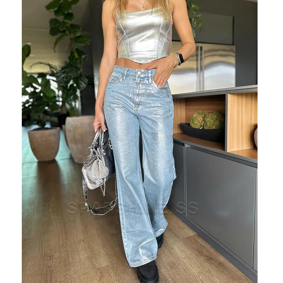 Y2K Advanced Hip-hop Streetwear Denim Trousers Casual Loose Pants For Women Colorblock Spliced Streetwear Straight Leg Pants 240806
