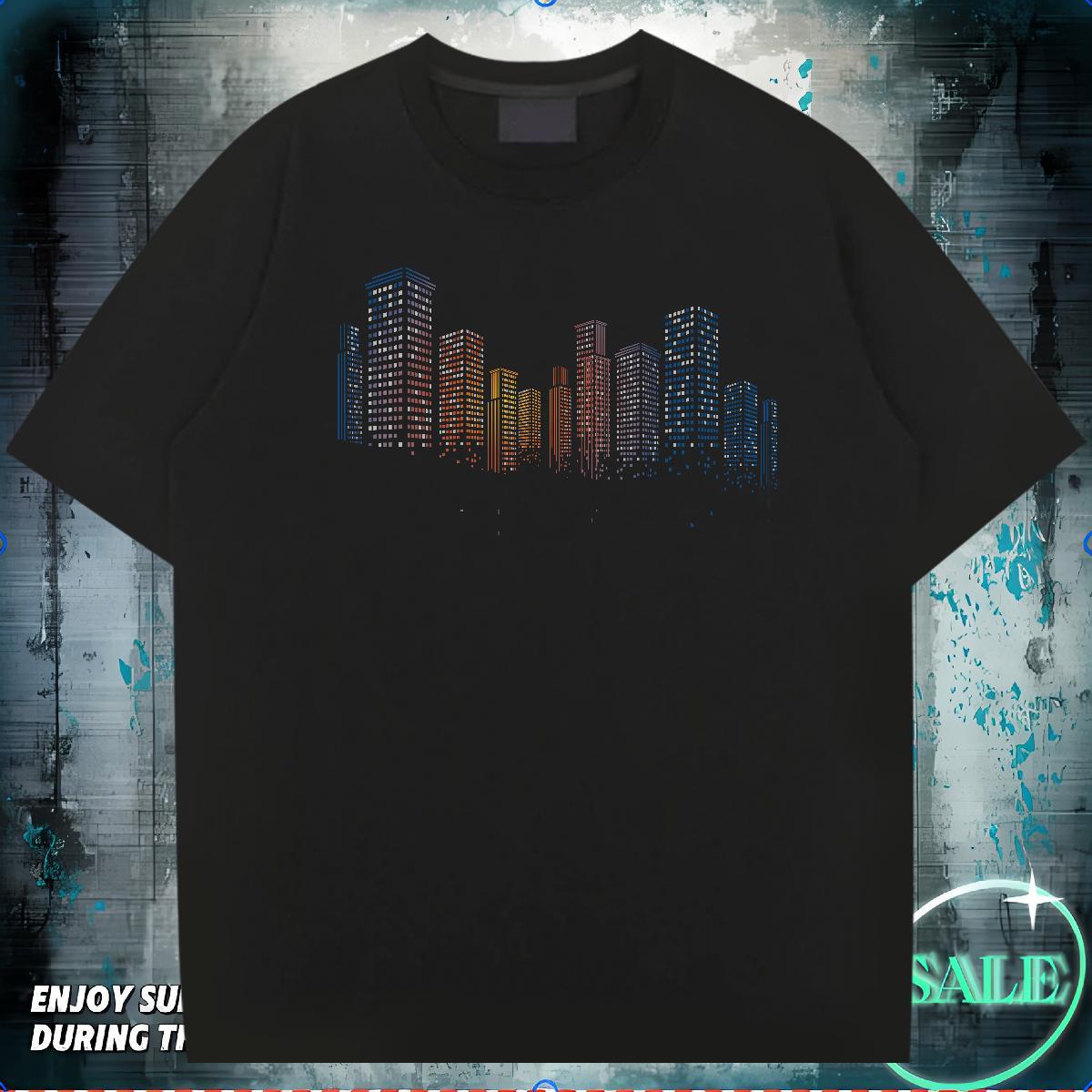 Classic T-Shirts for Men 230g 100% Cotton Tall buildings Sport Top Tees Short Sleeve Soft Loose Men Clothes T-Shirt Customized Print
