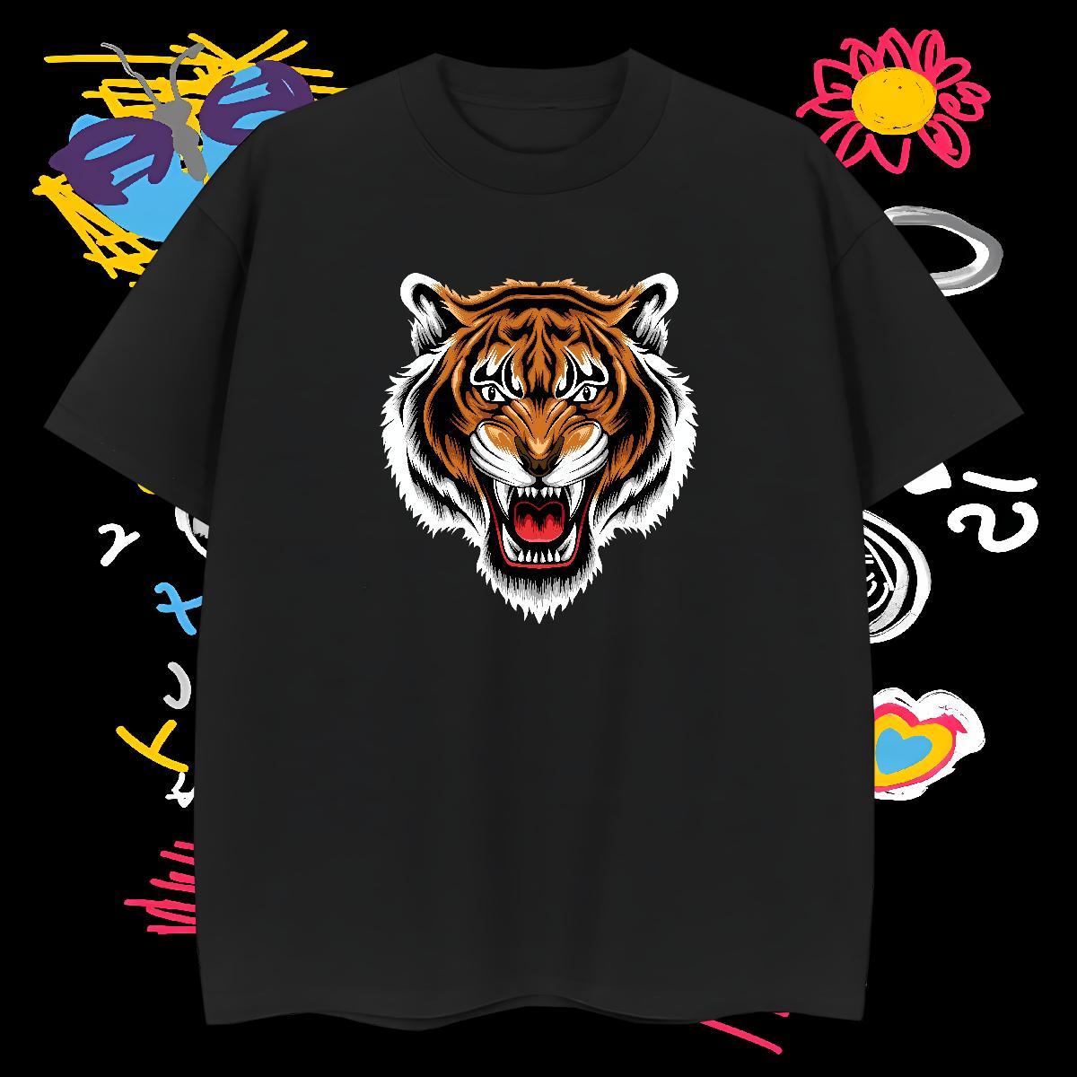 T Shirt For Man 230g Cotton tiger Anime Printing Street Breathable Crew Neck DIY Anime Men Clothes T-Shirt Fashion Designer Brand Tshirts