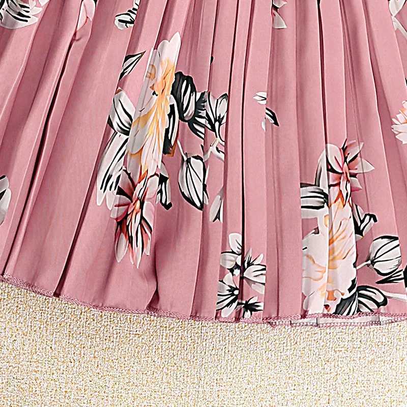 Girl 8-12 years old pink printed long sleeved pleated elegant vacation party dress for girlsW240720