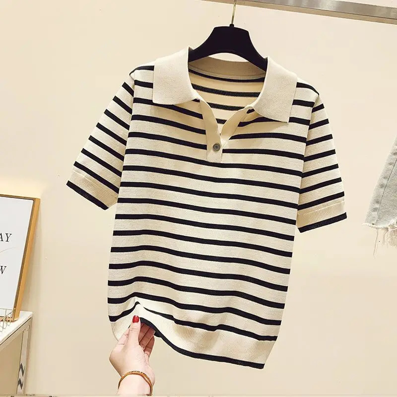 Women Clothing Fashion Polo-neck Striped Short Sleeve T-shirts Summer Vintage Button Sweet Knit Top Office Lady Loose Pullovers 240806