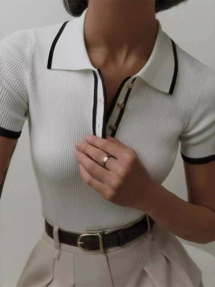 QWEEK Polo Knit Knitted Sweater Pullovers Women Elegant Basics Fashion High Street Office Ladie Short Sleeve Tops Tees 240806