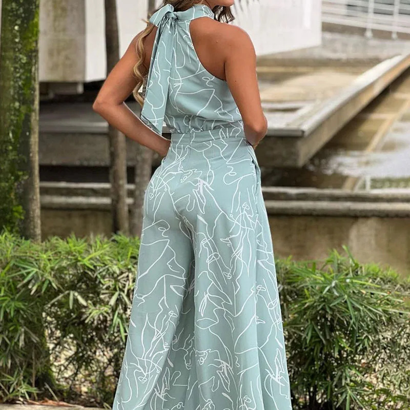 Summer Sexy Halterneck Bodycon Sleeveless High Jumpsuit Women Abstract Print Chic Streetwear Wide Leg Romper Mujer 240806