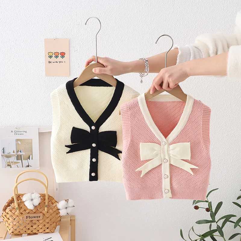 Children girls knitted sweater vest spring and autumn clothing baby cardigan cotton childrens casual bow suit 2-6YW240724