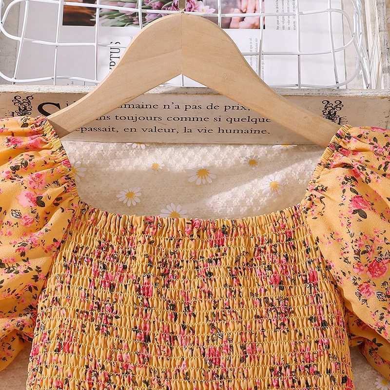 Summer dress 8-12 year old childrens girl fluffy sleeves yellow floral long dress elegant princess birthday party daily dressW240720
