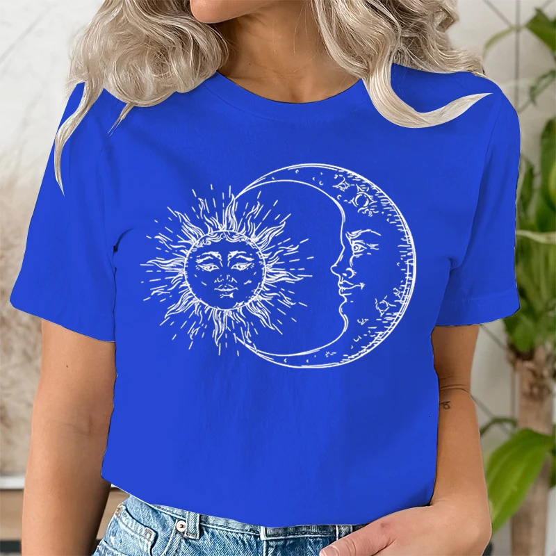 Sun Moon Face Print T Shirts Fashion Summer Casual Tops Punk Womens O-neck Tshirt Clothing Hip Hop Streetwear 2000s Clothes 240806
