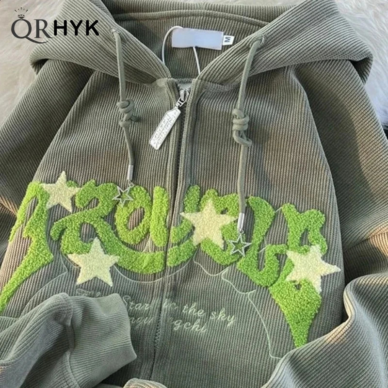 Women Retro Embroidery Hoodies Autumn Winter Zip Up Long Sleeve Loose Jacket Coats Y2K Casual Pocket Hooded Sweatshirts 240806