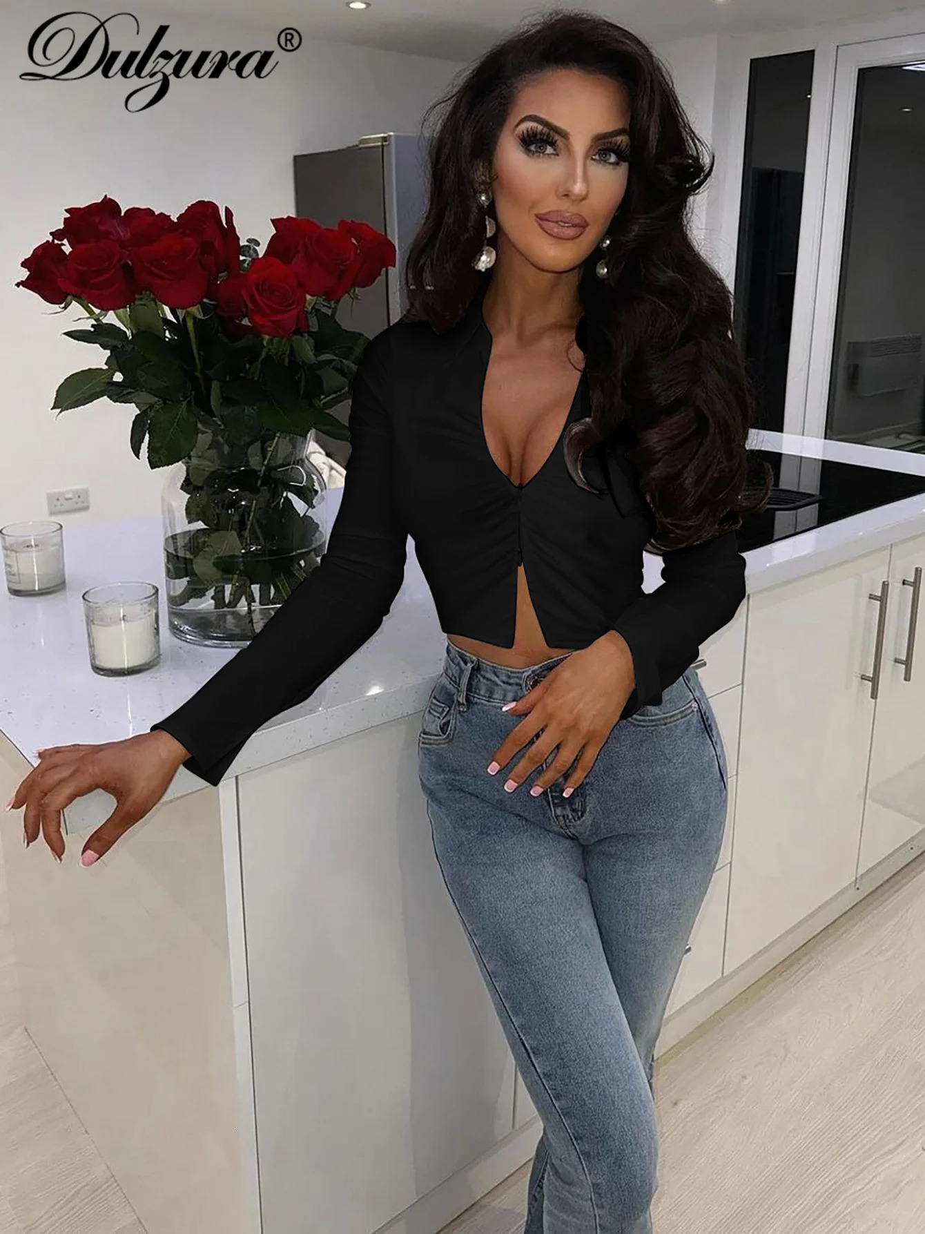 Dulzura Sexy V Neck Long Sleeve Top Zipper Polo Shirts Ruched Solid Women Tops Party Club Streetwear Drop Y2K Clothes 240806