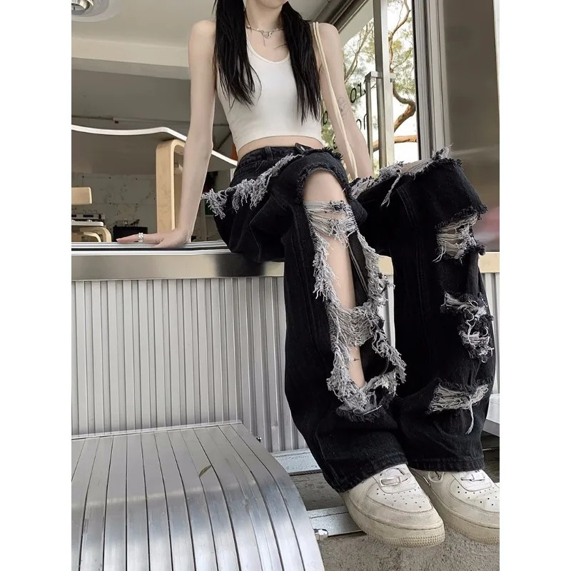 Y2k Broken Hole Jeans All-Match Distressed Women High Street Hip Hop High Waist Straight Loose Trousers Washed Mopping Pants 240806
