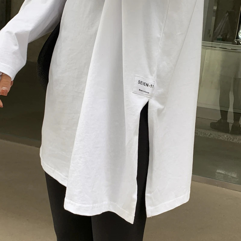 Womens Solid Color Split Long-Sleeved T-Shirt Korean Spring And Autumn Ladies Casual Loose Tops Bottoming White Shirts 240806