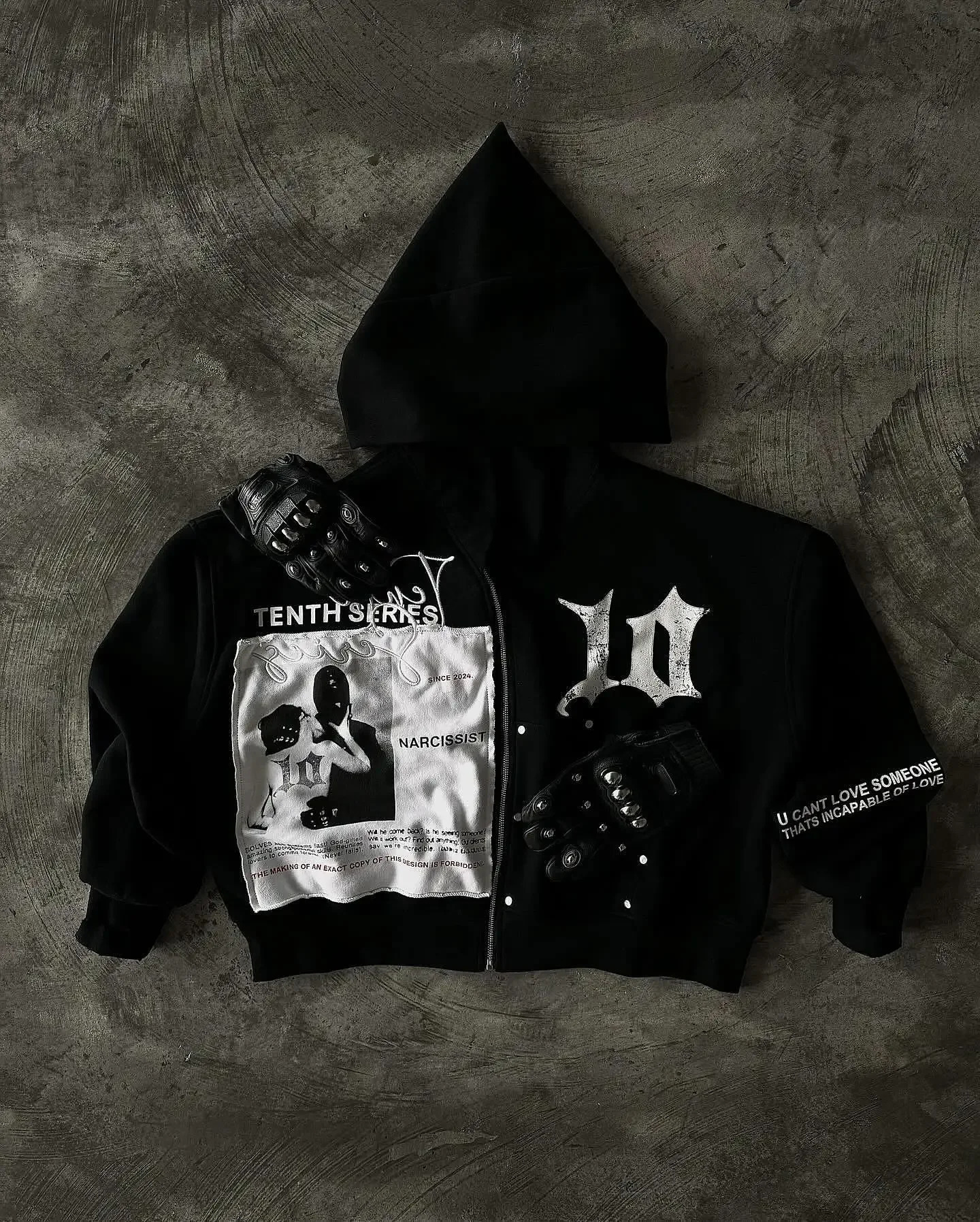 NARCISSIST Black Gothic Zip Up Hoodies Retro Hip Hop Graphic Patchwork Hoodie Y2k Men Women Punk Patch Harajuku Jacket Clothing 240806