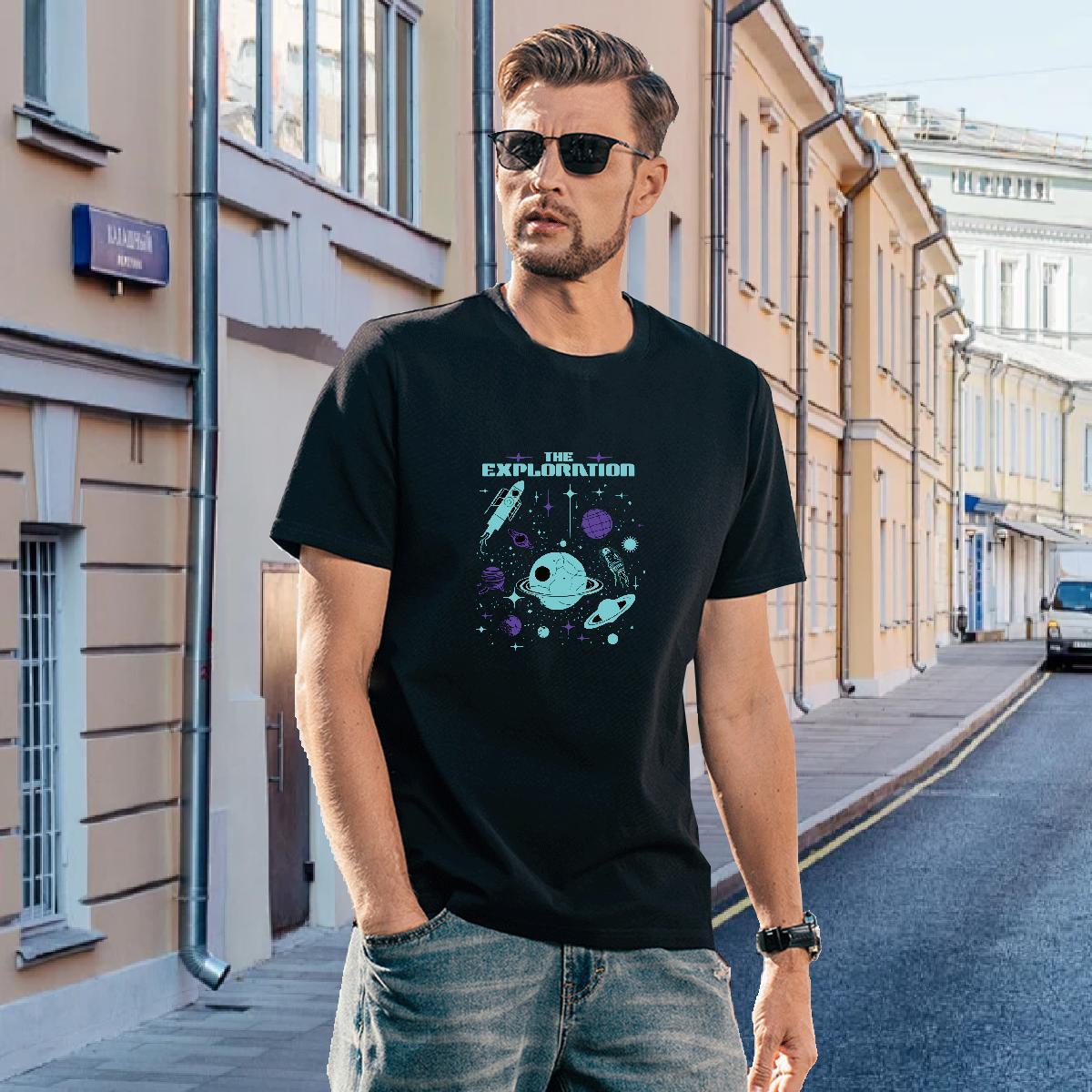 T-Shirts 100% Cotton 230g planet High Street Hip Hop Round Neck Short Sleeve Cartoon Printing L-4XL Men Tshirts Brand Loose Wear