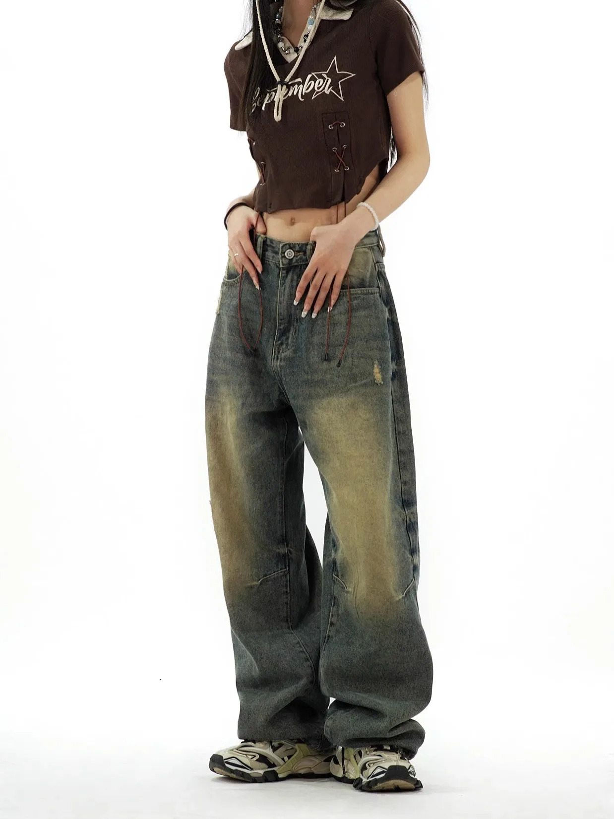 WCFCX STUDIO Y2K Distressed Baggy Jeans Women Vintage 90s Oversize Wide Leg Denim Pants Gyaru Harajuku Jeans 240806