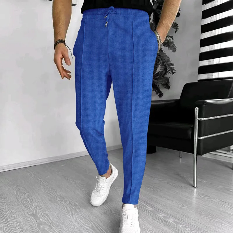 Mens casual pants Stretch Slim waist Waffle Classic blue black grey khaki mens plus size S3XL 240806