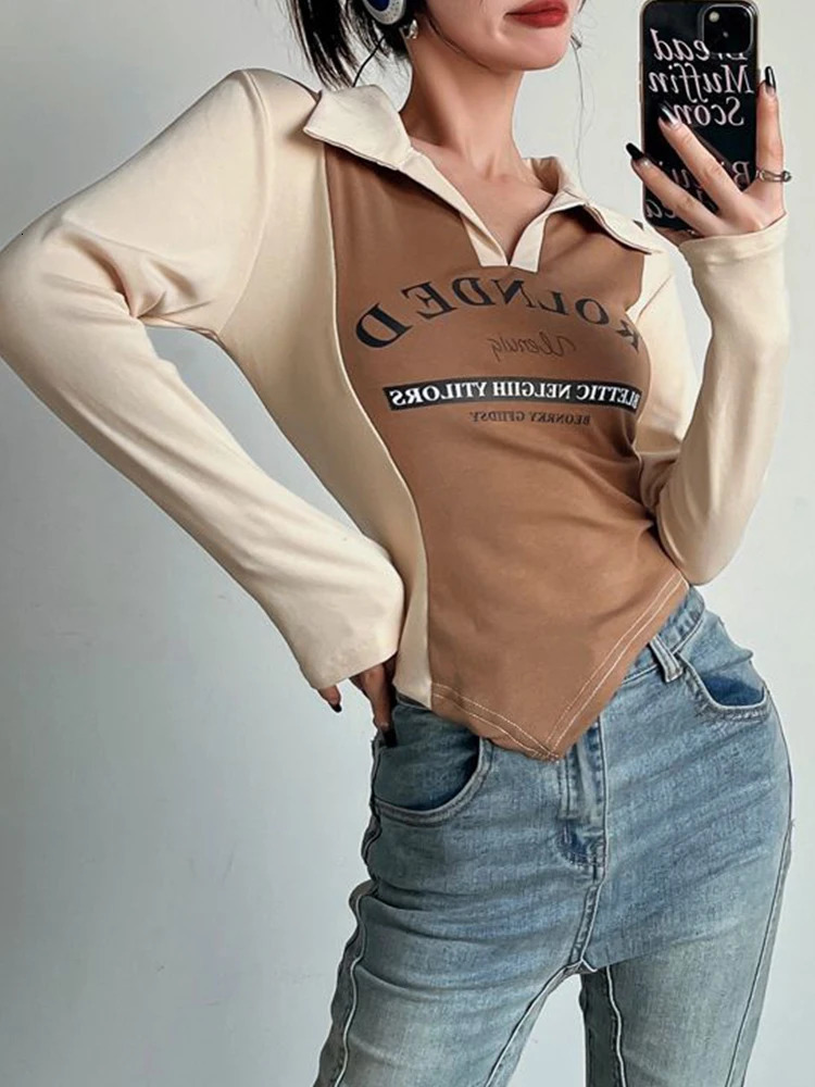 Letter Print Polo T-shirt Womens Spring Long Sleeve Cotton Crop Top Korean Fashion Patchwork Irregular Aesthetics Tight Y2k Top 240827