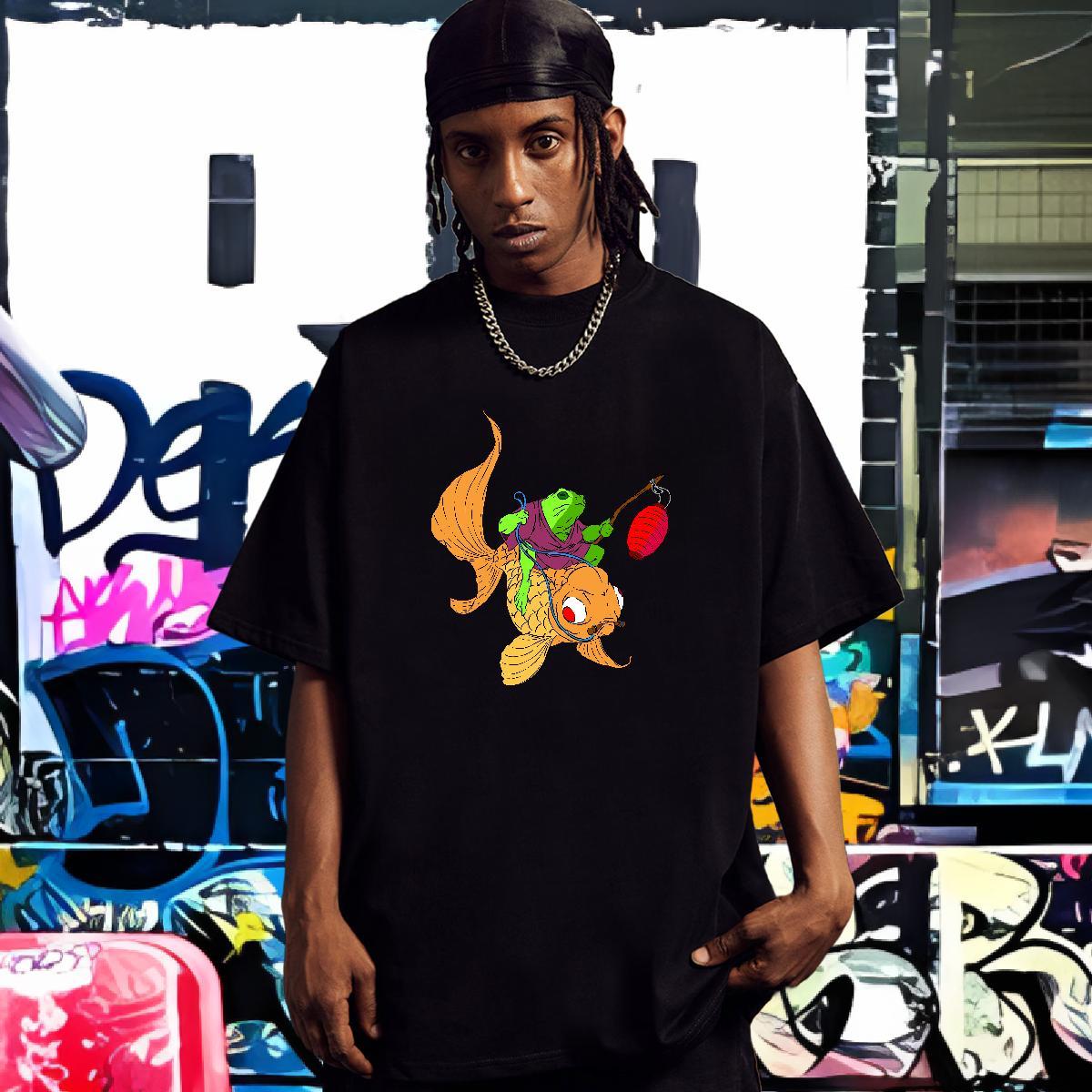 Fashion Design T-Shirts for Men 100% Cotton 230g fish Casual Clothings Breathable Free Shipping Men Tees Asian Size