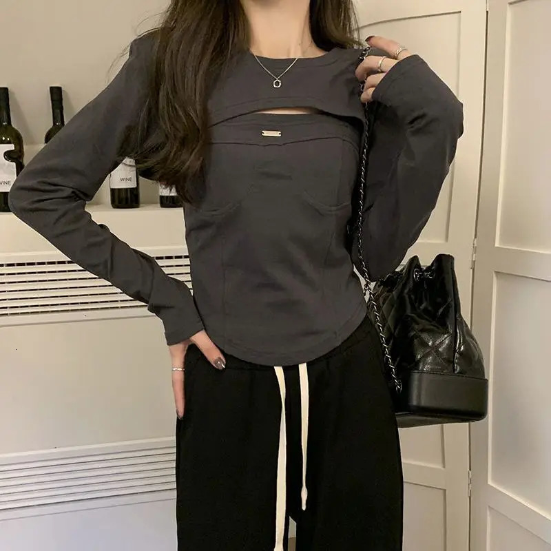 Spring Autumn Slim Solid Color T-Shirts Women High Street Casual Round Neck Long Sleeve Pullovers Elegant All-match Tops 240806