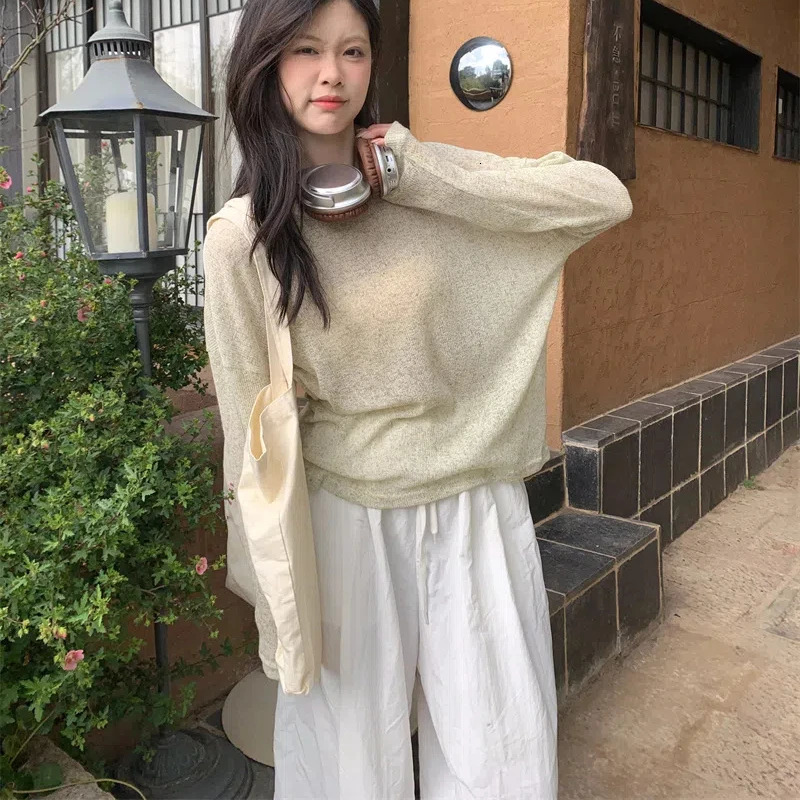 Korean Summer Womens Splicing Pullover O-Neck Fashion Solid Color Minimalist Office Lady Loose Casual Long Sleeve Tops 240806