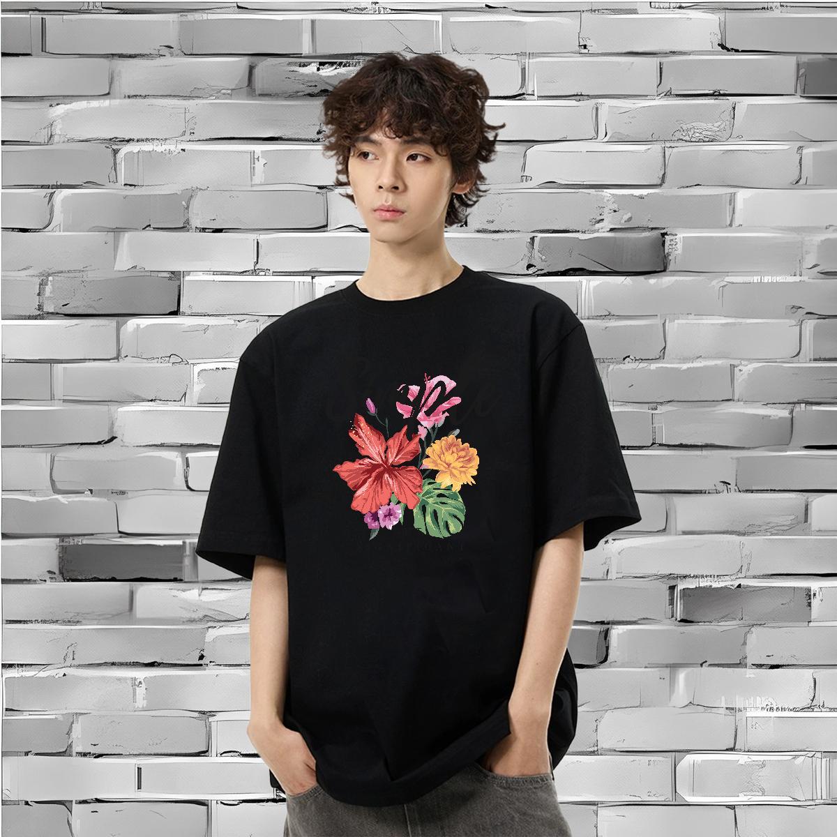 Free Shipping T-Shirts 230g Pure Cotton flower Hip Hop Street Top Tees Crew Neck Breathable Unisex Tshirts Anime