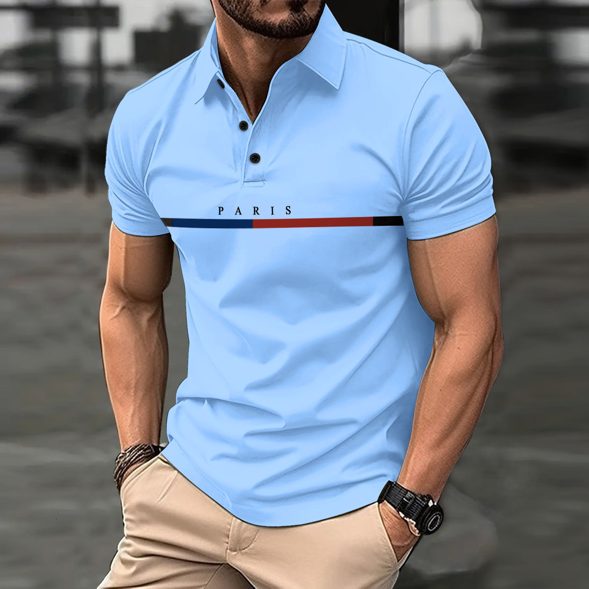 2024 Summer Men's Striped French Block Button Polo Sports Top