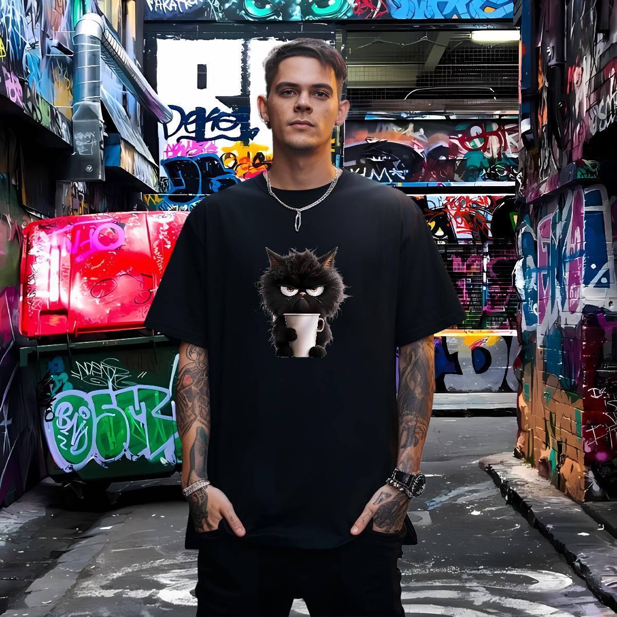 T-Shirts for Men 230g Pure Cotton cat Sport Short Sleeve O-Neck DIY Logo Oversized Men Clothes T-Shirt Customized Wholesale Polos