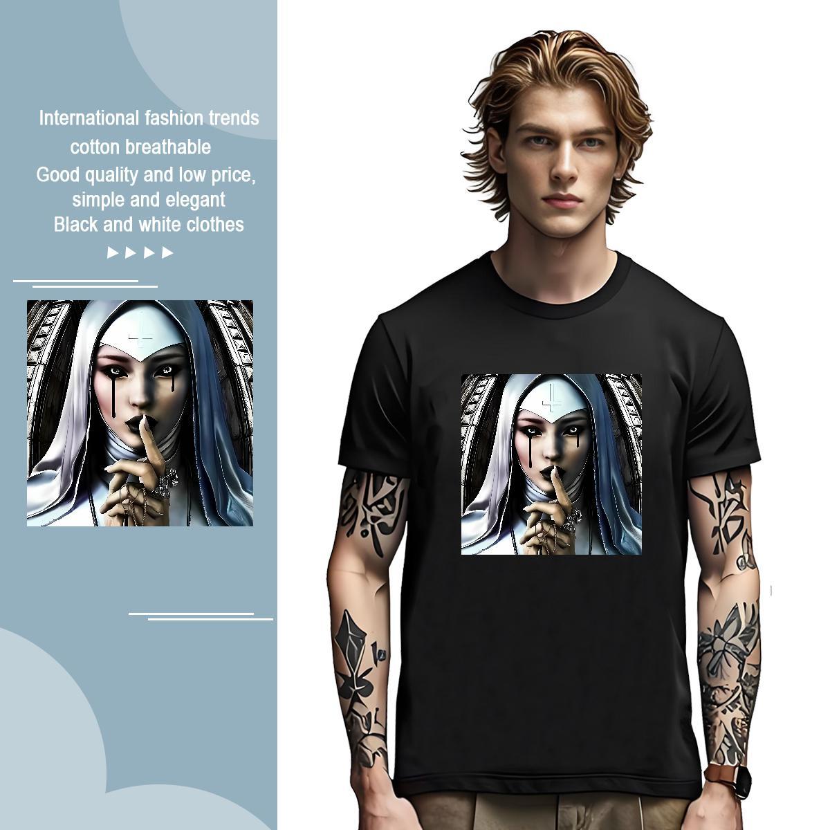 T Shirts Men 230g Pure Cotton nun Anime Printing Street Breathable Short Sleeve Black Oversized Men Tshirts Fashion New Free Shipping Top Tees