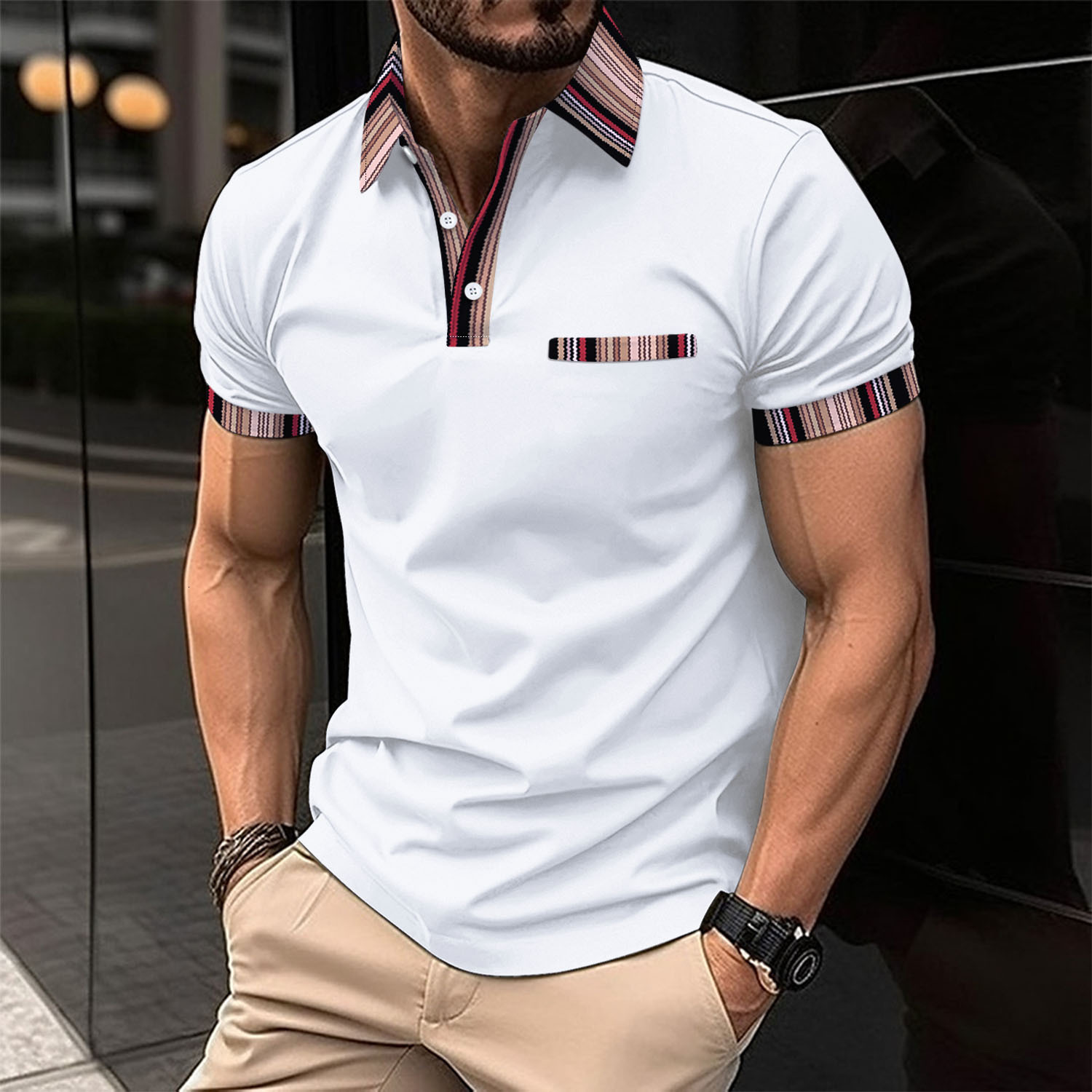 2024 new men's casual polo shirt with fake chest pocket, striped color blocked buttons, versatile for men