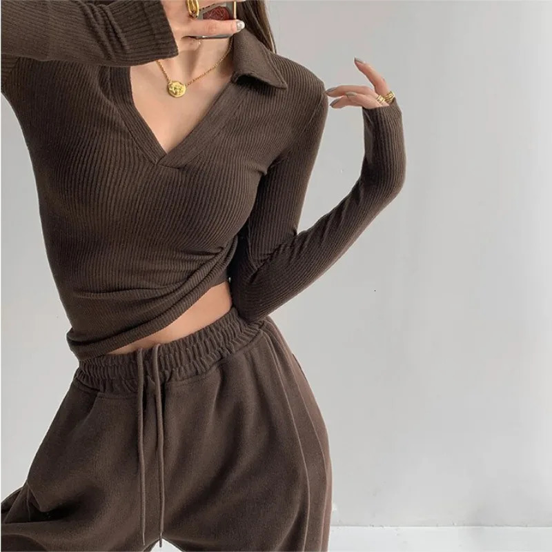 Sexy V-Neck Slim Fitness Womens T-Shirt Fashion Long Sleeve Polo Shirt Woman High Waist Cropped Tops 240806