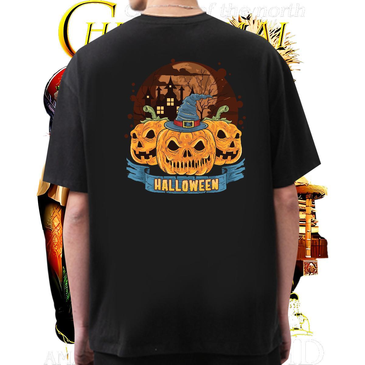 Free Shipping Men Tops Tees 230g Cotton Halloween T-Shirts Anime Printing Street O-Neck Short Sleeve Custom Print Oversized New Wear