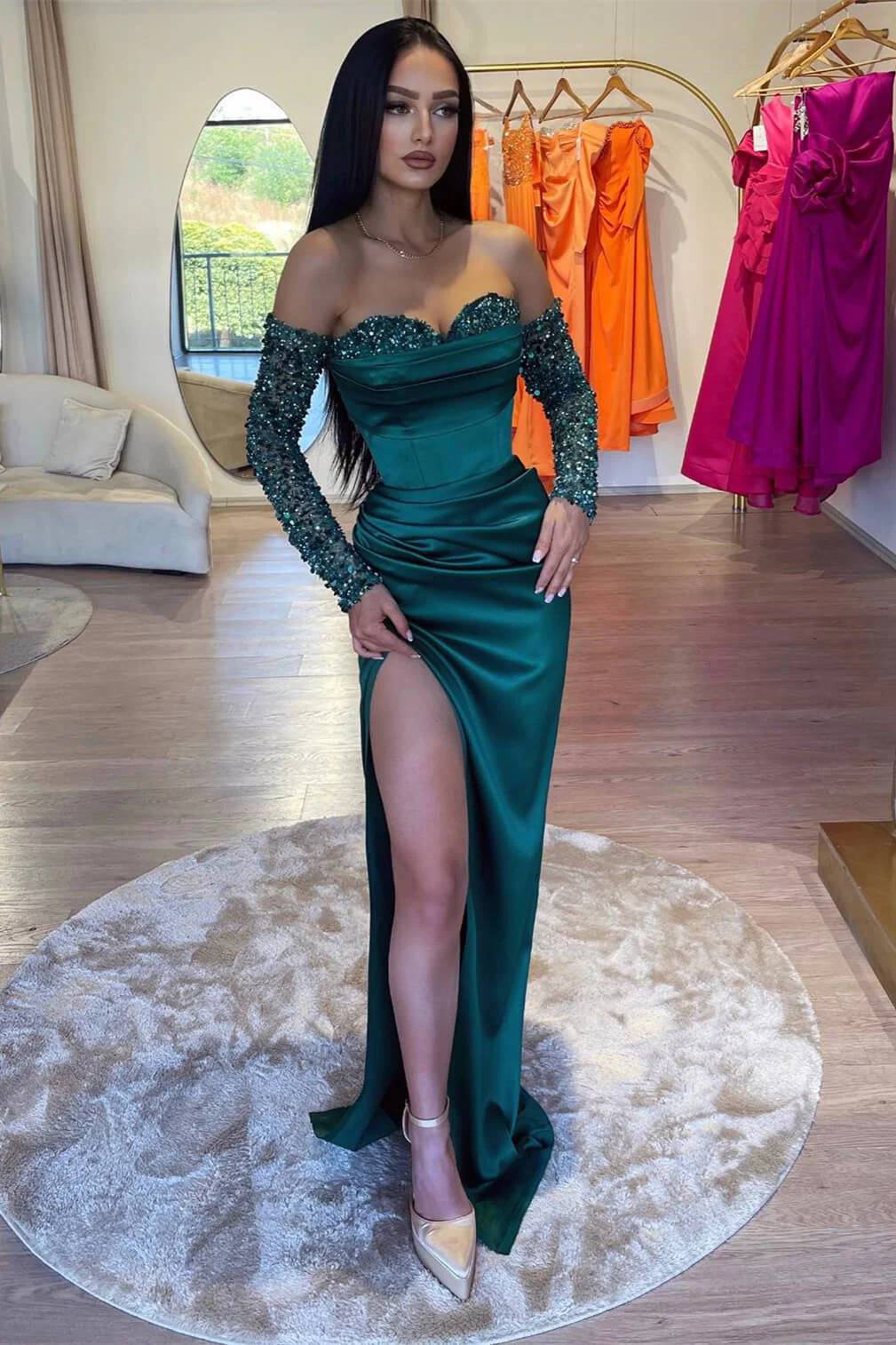 Dark Green Stain Evening Dresses Strapless Sequins Beading Party Prom Dress Floor Length Side Split Long Beaded Sleeve Dress Special Occasion