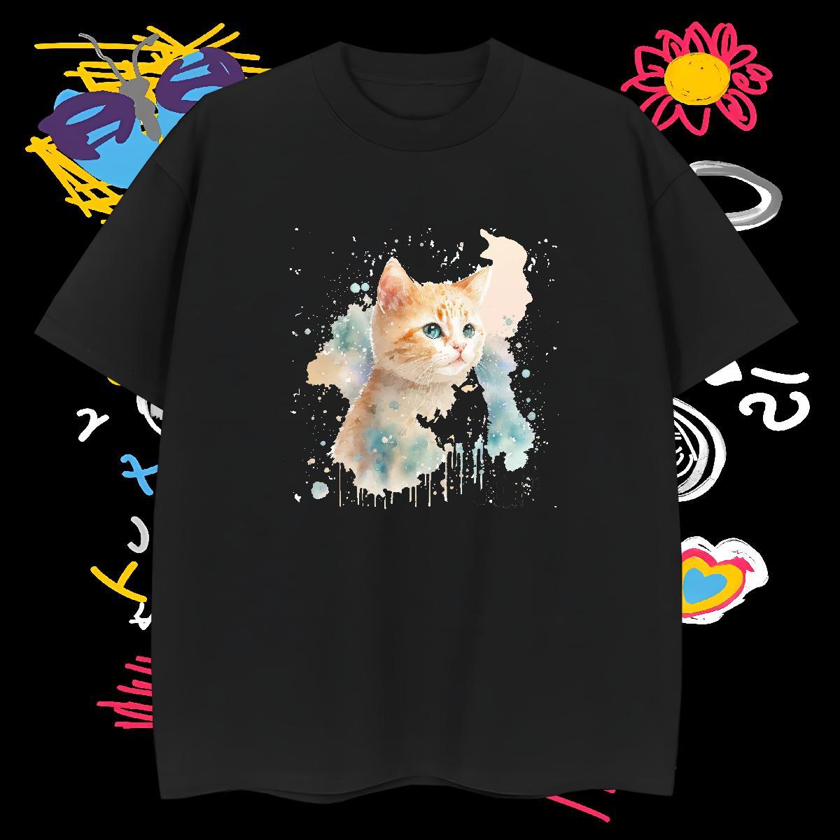 Man T Shirts 230g 100% Cotton cat High Street Hip Hop O-Neck Short Sleeve Custom Printed Mens Tshirts 2024 New Loose Tee Shirt