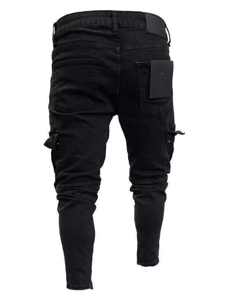 Men Jeans Knee Hole Ripped Zipper Stretch Skinny Denim Pants Solid Color Black MultiPocket HipHop Style Slim Fit Trousers 240806