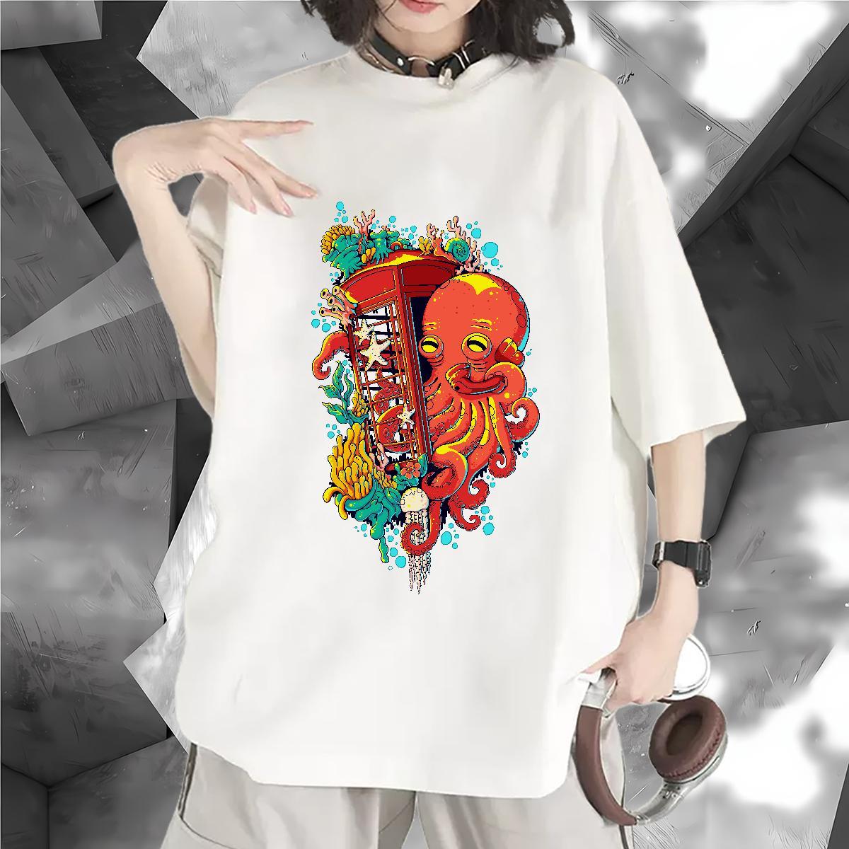 High quality T Shirts Women Short sleeve Soft Woman Tshirt Black White octopus Street 230g 100% Cotton TOP Quality Tees