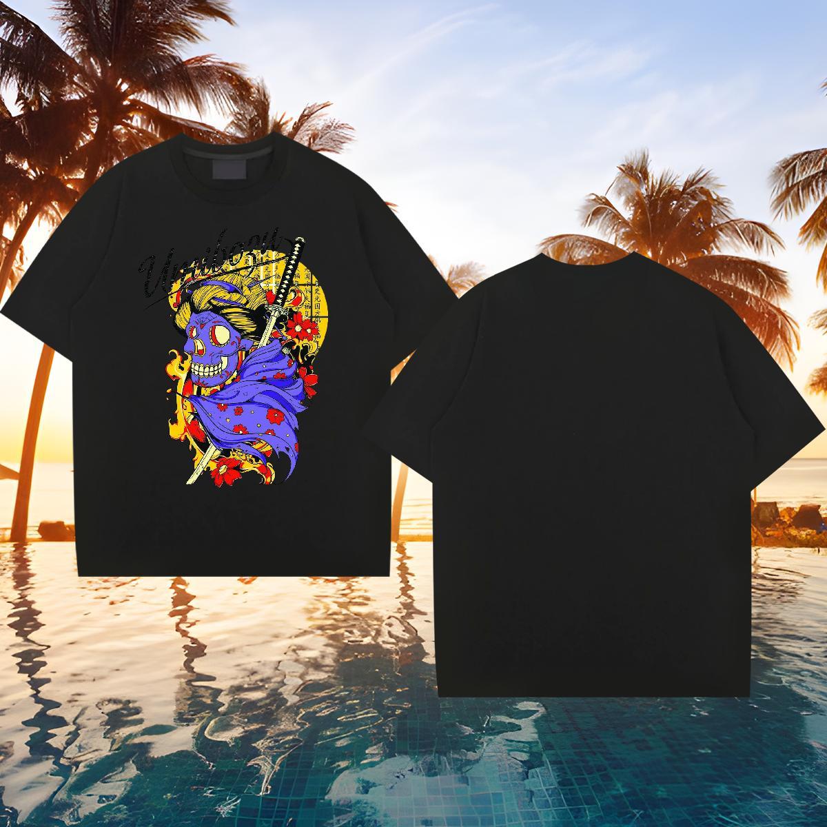 2024 T-Shirts for Men skull Tshirts 230g Cotton High Street Hip Hop Loose Anime Crew Neck Men Tshirts